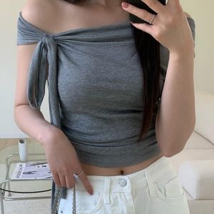 Asymmetrical Off-Shoulder Long Tie Ruffled Top for Women - Slimming Solid Color One-Shoulder T-Shirt - Trendy Y2K Fashion