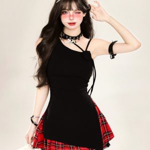 Asymmetrical Off-Shoulder Sleeveless T-Shirt for Women - Irregular Red Slim Fit Top, Y2K Summer Style