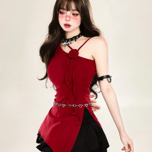 Asymmetrical Off-Shoulder Sleeveless T-Shirt for Women - Irregular Red Slim Fit Top, Y2K Summer Style