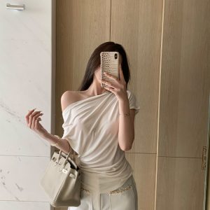 Asymmetrical Slim Fit Short Sleeve T-Shirt for Women - Summer Elastic Top, Natural Beauty Formula, Casual Chic Style