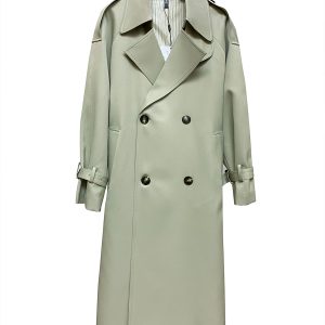 Bean Green Mid-Length Trench Coat for Women, Petite Sizes, 2024 Spring Autumn British Korean Style Fashion