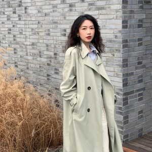 Bean Green Mid-Length Trench Coat for Women, Petite Sizes, 2024 Spring Autumn British Korean Style Fashion