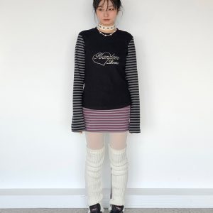 Black and Gray Color-Blocked Striped Casual Slim-Fit Knitted Long Sleeve Top Tee for Y2K and 90s Style Fashion