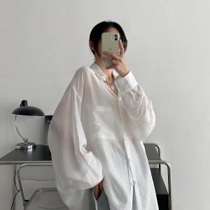 Black Long Sleeve Sun Protection Shirt for Women - Thin Loose Korean Style Tencel Jacket Top - Spring Summer Casual Fashion