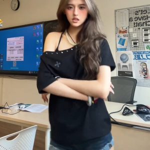 Black Off-Shoulder Women's Summer T-Shirt with Orange Rhinestone Design, Loose Fit Trendy Top, American Style Fashion Essentials