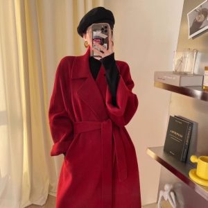 Black Reversible Cashmere Coat for Women - Elegant Mid-Length Bathrobe-Style Outerwear for 2024 Autumn/Winter, Korean Style