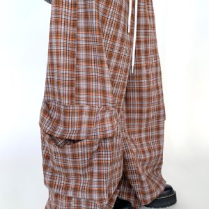 Black Wide-Leg Cargo Pants for Women with Drawstring - Casual Elastic Plaid Trousers, Autumn & Winter Fashion