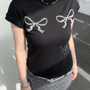 Bling Sequin Embroidered Bow Print High Neck Slim Fit Top for Girls - Summer Fashion Tee, Perfect for Y2K and 90s Style