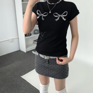 Bling Sequin Embroidered Bow Print High Neck Slim Fit Top for Girls - Summer Fashion Tee, Perfect for Y2K and 90s Style