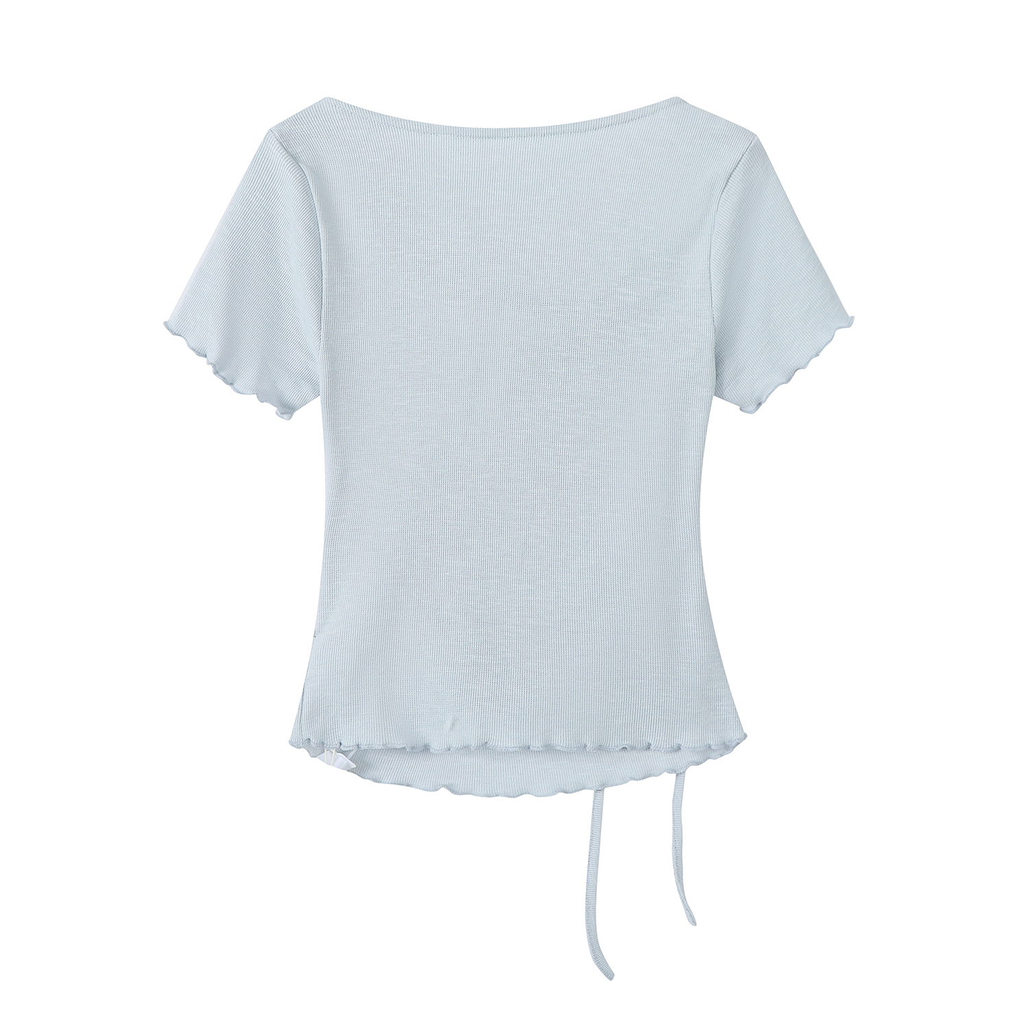 Blue 3D Bow Ruffled Collar Short-Sleeve T-Shirt for Women – Summer Lace Edge Knitted Top, Cute 90s Inspired Fashion