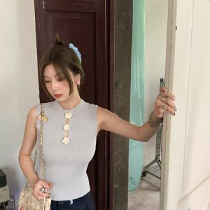 Blue Retro Ice Silk Camisole for Women - Summer Slim Fit Hollow Out Top with Starry River Silver Light Design