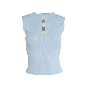 Blue Retro Ice Silk Camisole for Women - Summer Slim Fit Hollow Out Top with Starry River Silver Light Design