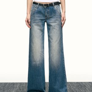 Blue Washed Scratch-Style Low-Rise Jeans for Women, Loose Straight-Leg Trousers, Slimming Wide-Leg Pants for Spring and Autumn Fashion