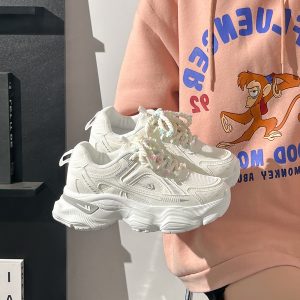 Breathable Mesh Dad Shoes for Women - Height-Increasing Casual Sports Sneakers - Versatile White Footwear for Sweet Girls 2025 Style