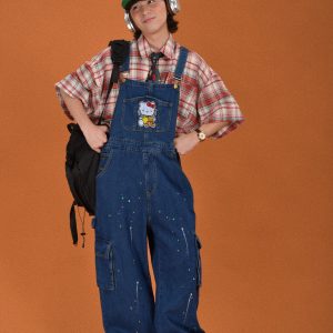 Childlike Retro Workwear Pocket Suspender Pants - Vintage Splash Paint Denim Floor-Length Trousers for Couples, Y2K Trend