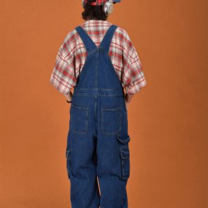 Childlike Retro Workwear Pocket Suspender Pants - Vintage Splash Paint Denim Floor-Length Trousers for Couples, Y2K Trend