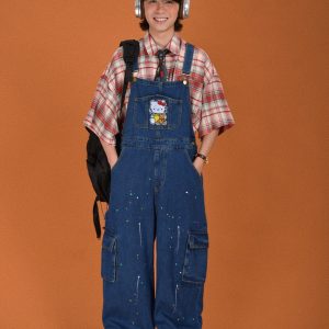 Childlike Retro Workwear Pocket Suspender Pants - Vintage Splash Paint Denim Floor-Length Trousers for Couples, Y2K Trend