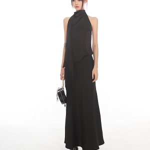 Chinese Style Dark Satin Halter Backless Vest and Mermaid Skirt Set - Slimming Elegant Outfit for Y2K and 90s Fashion