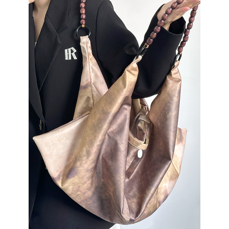 Chinese-Style Printed Dumpling Bag for Women, Versatile Large-Capacity Tote with Wooden Bead Shoulder Strap, National Style Fashion