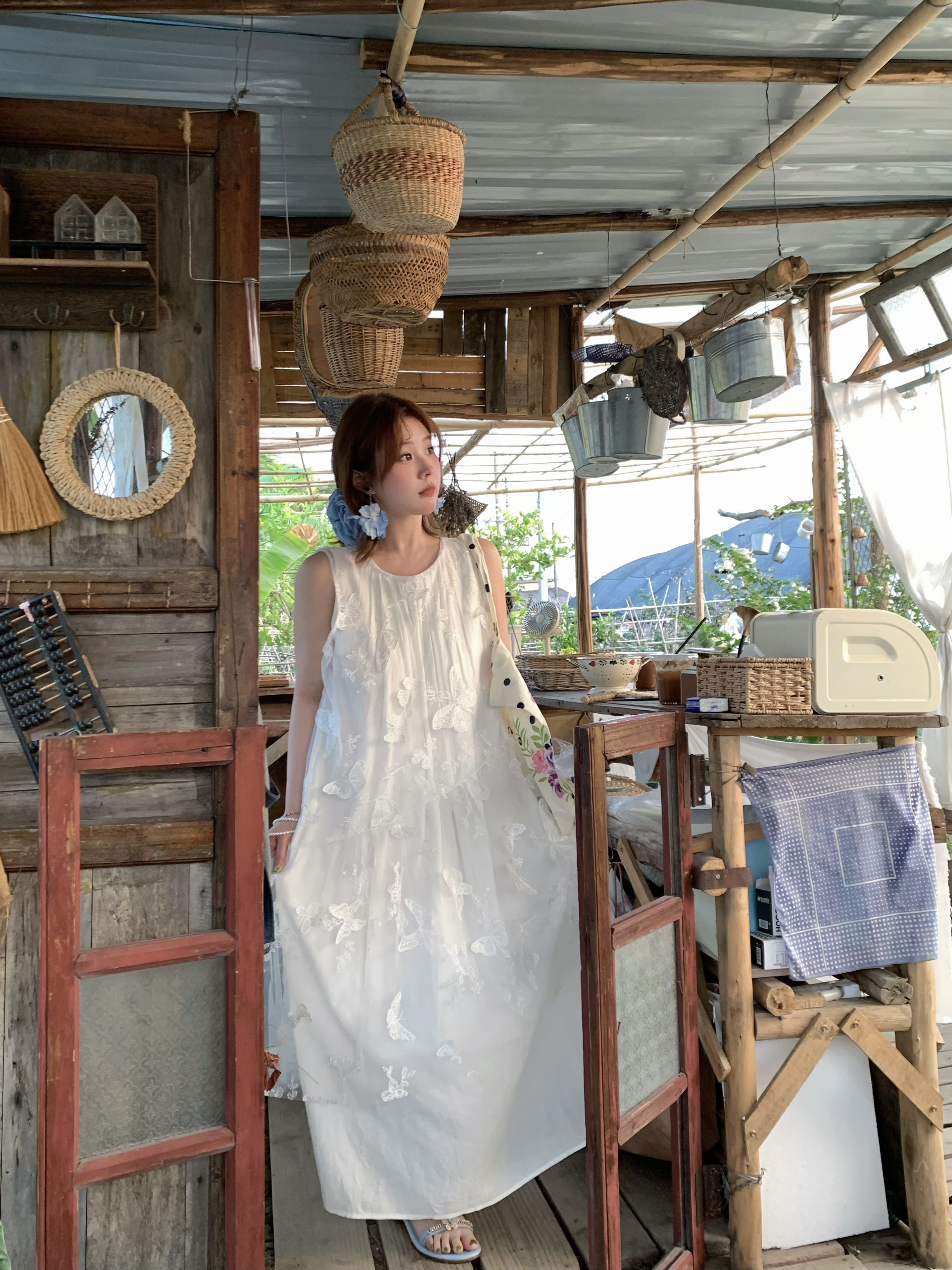 Cloud Flower Butterfly Retro Sheer Mesh Cover Dress - Women's Summer Loose A-Line Long Dress in Vintage Style