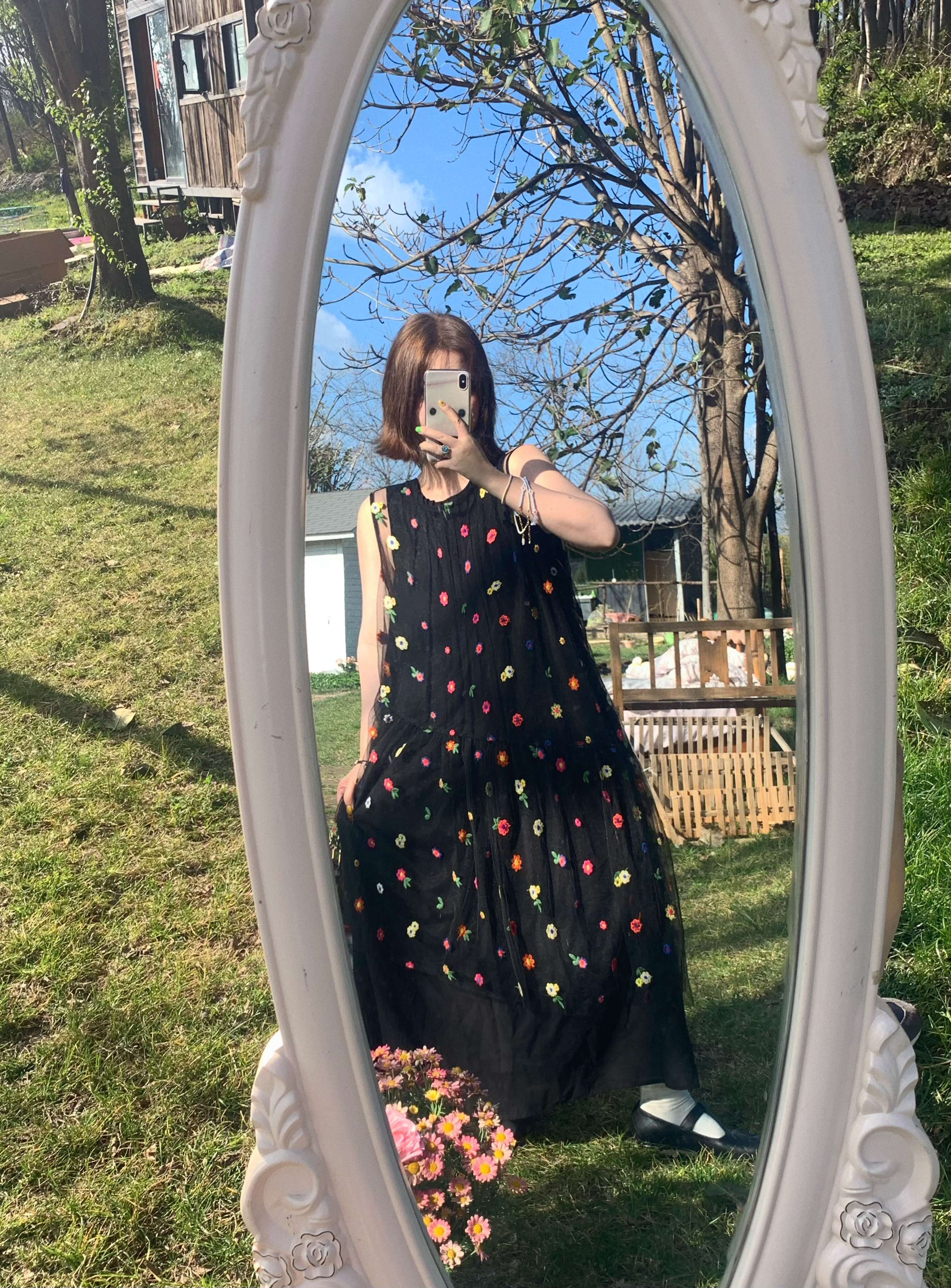 Cloud Flower Butterfly Retro Sheer Mesh Cover Dress - Women's Summer Loose A-Line Long Dress in Vintage Style