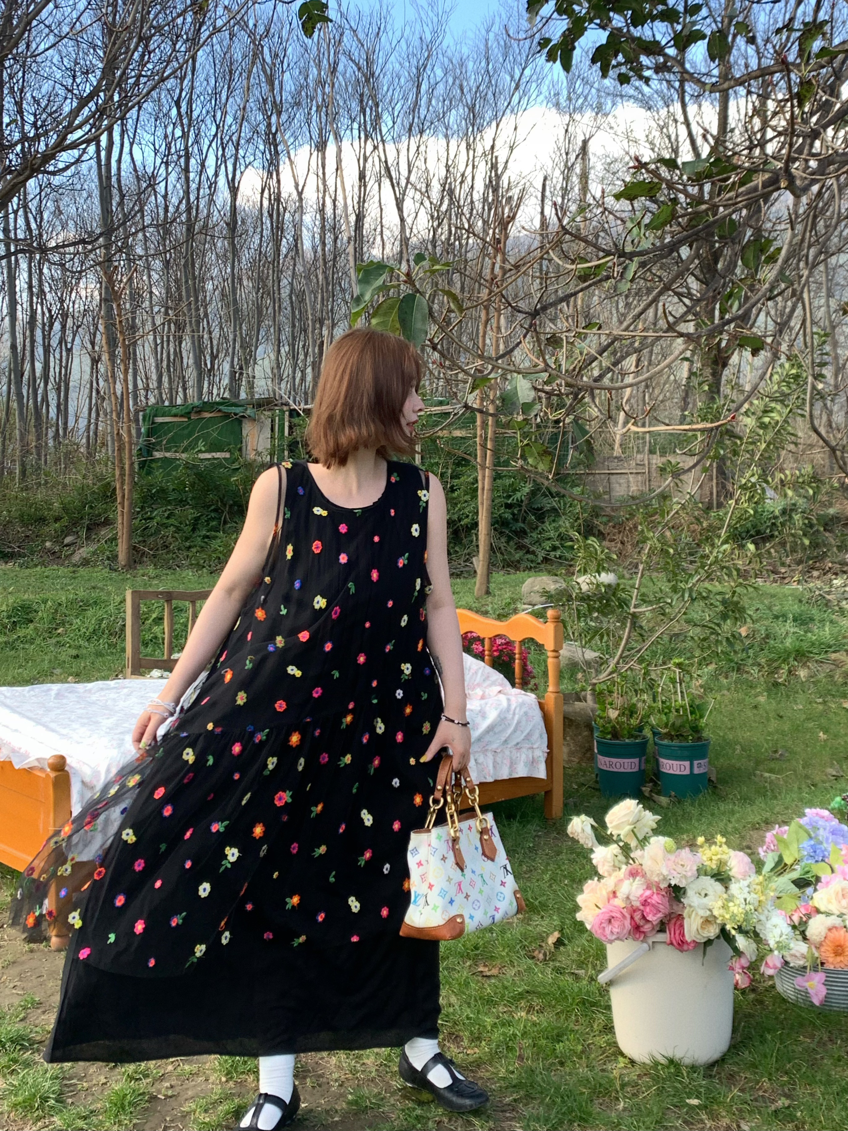 Cloud Flower Butterfly Retro Sheer Mesh Cover Dress - Women's Summer Loose A-Line Long Dress in Vintage Style
