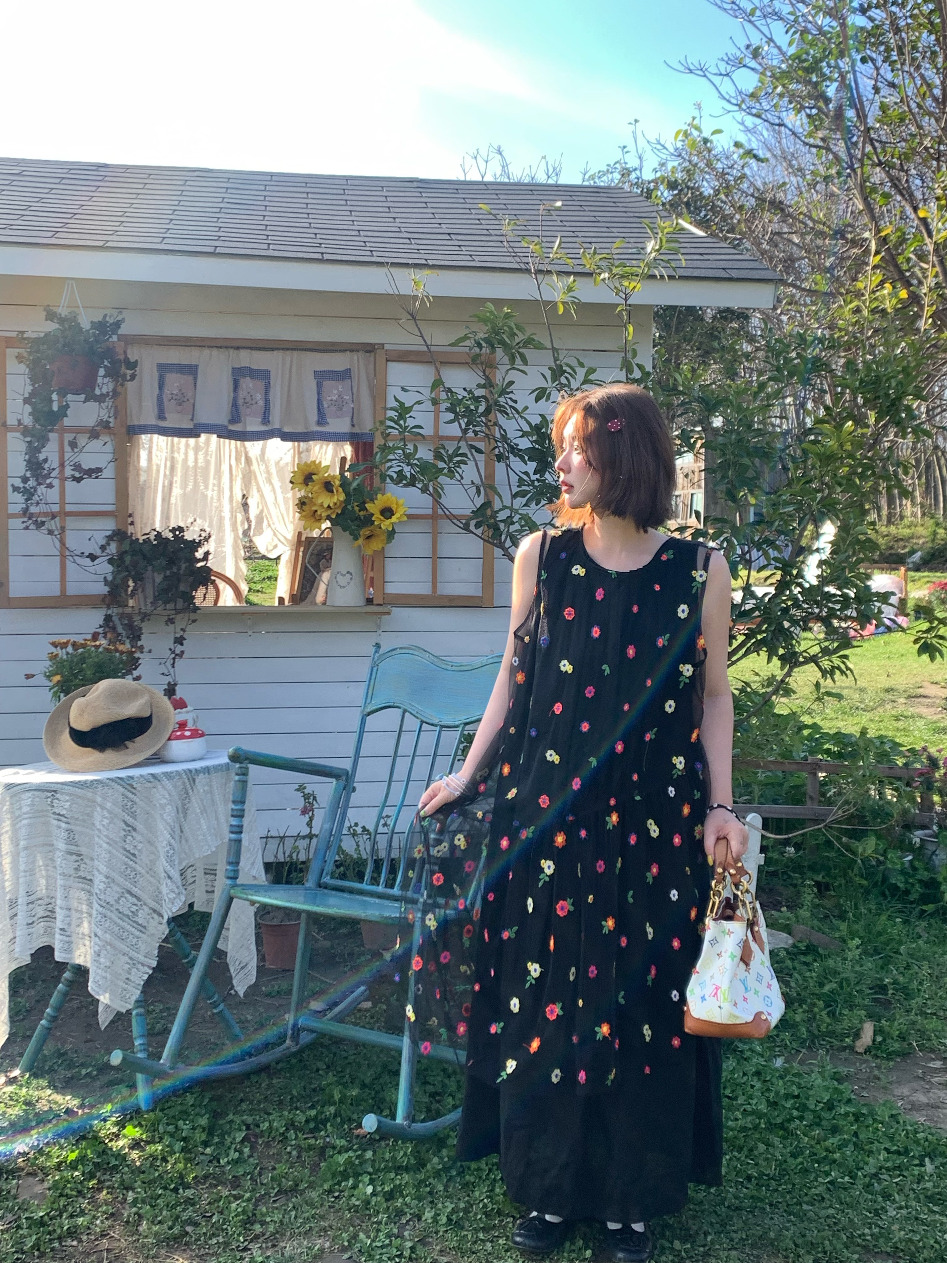 Cloud Flower Butterfly Retro Sheer Mesh Cover Dress - Women's Summer Loose A-Line Long Dress in Vintage Style