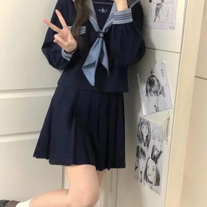 Cloud Sailor Girl High School JK Uniform Outfit Set - Camellia Print Long & Short Sleeve Top, Classic Sailor Style