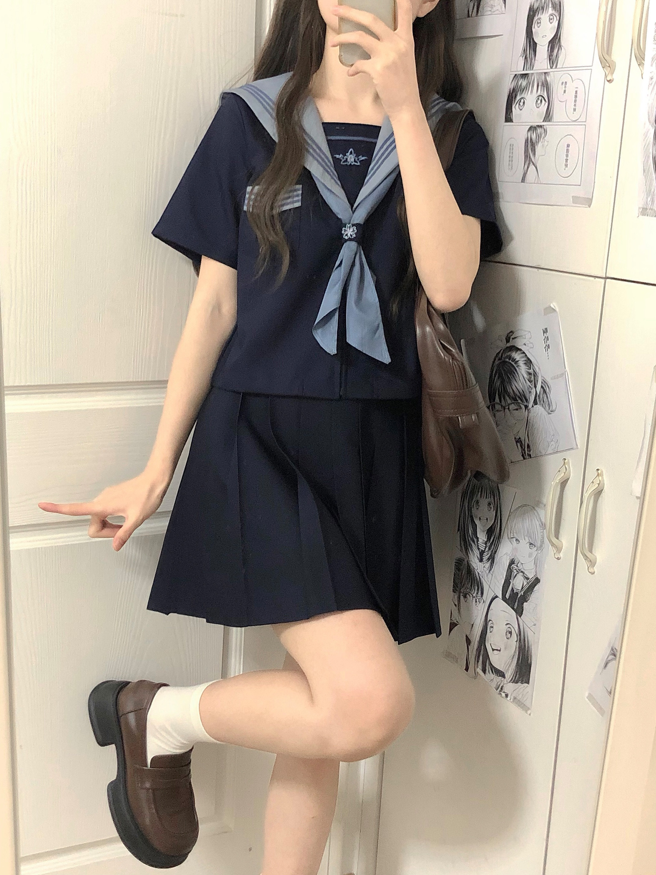 Cloud Sailor Girl High School JK Uniform Outfit Set - Camellia Print Long & Short Sleeve Top, Classic Sailor Style