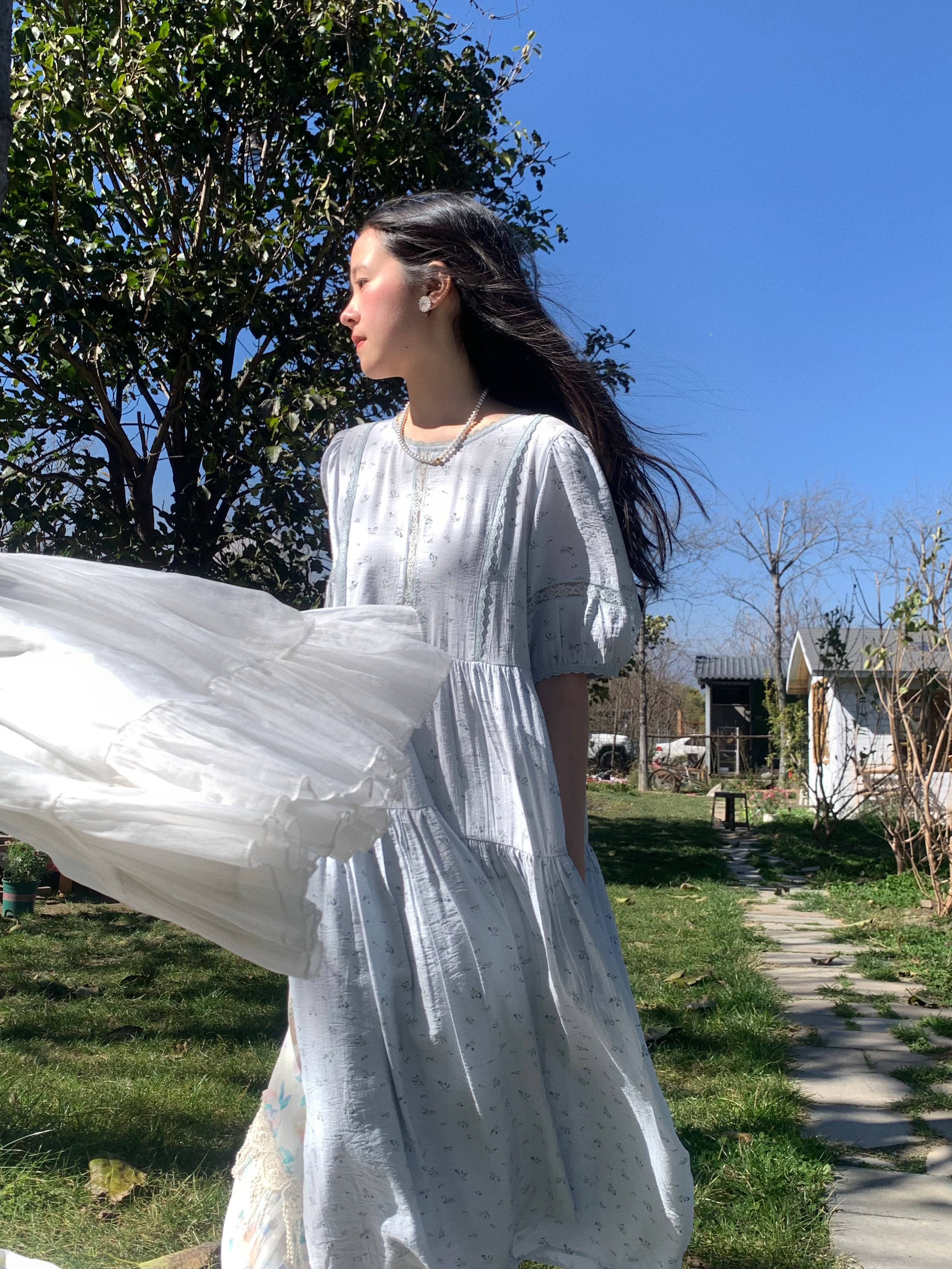 Cloudy Blue Sky Vintage Floral Cotton Blend Dress for Women - Summer Hollow Lace A-Line Long Skirt, Perfect for 90s and Y2K Style