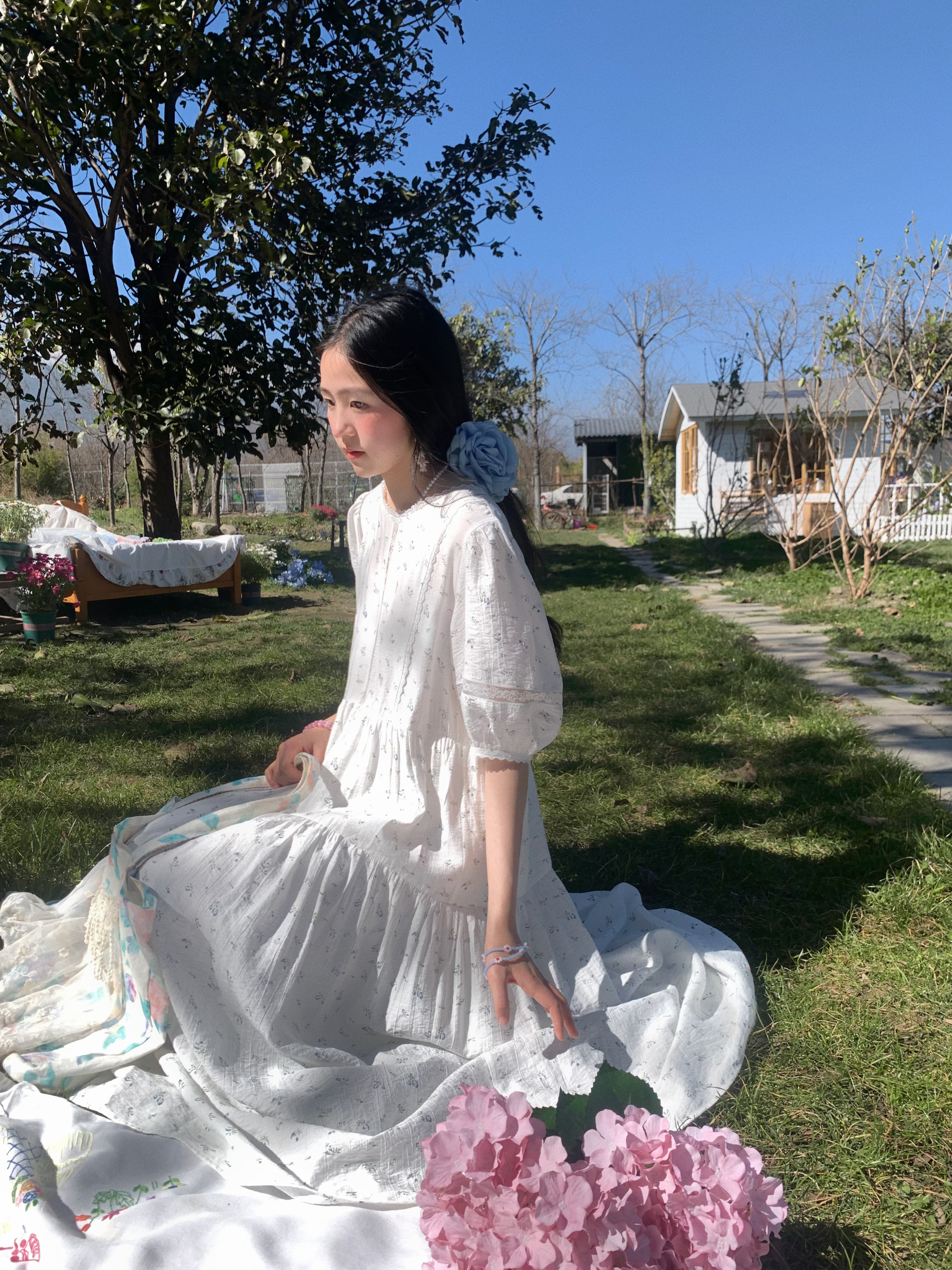 Cloudy Blue Sky Vintage Floral Cotton Blend Dress for Women - Summer Hollow Lace A-Line Long Skirt, Perfect for 90s and Y2K Style