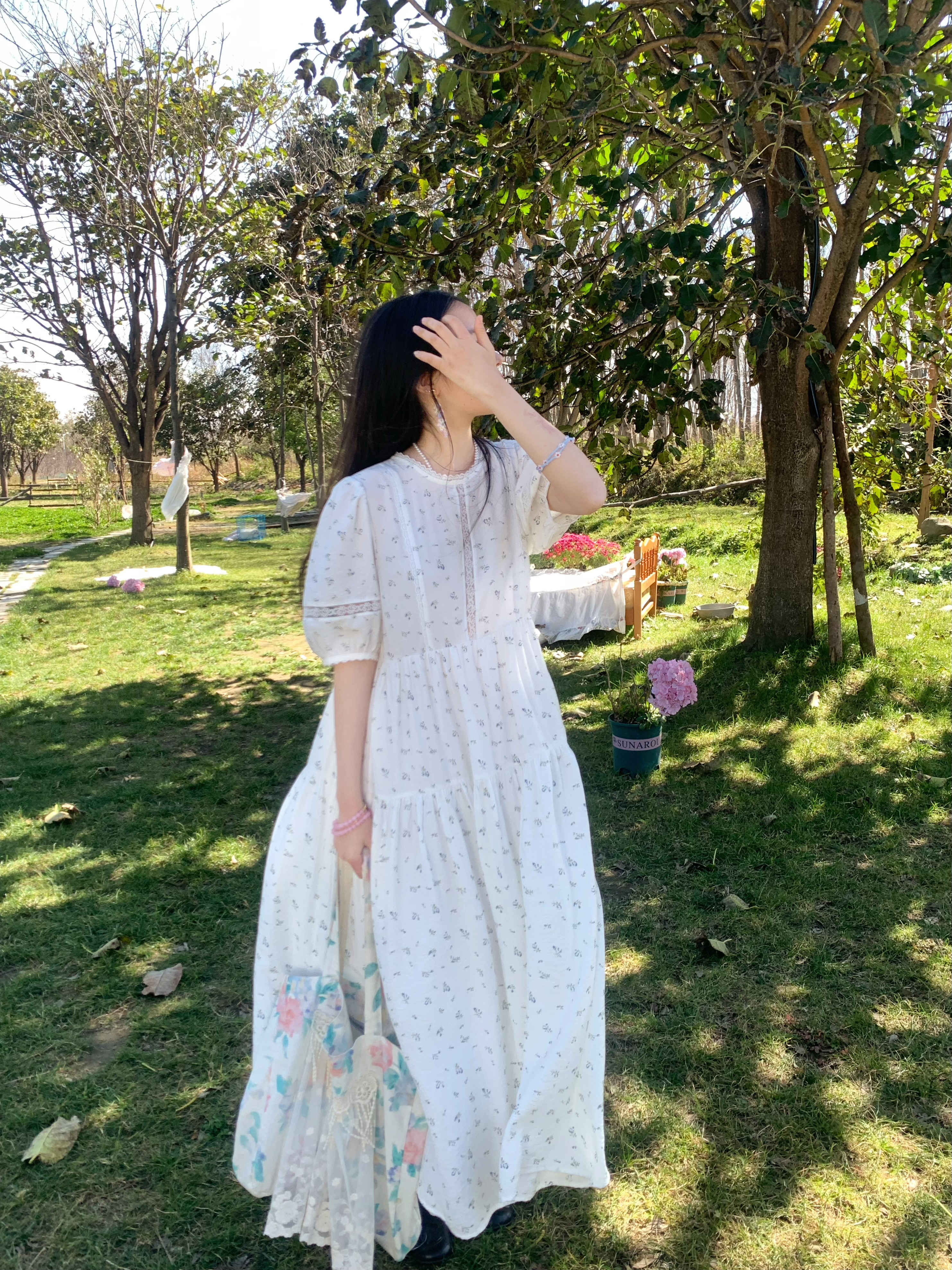 Cloudy Blue Sky Vintage Floral Cotton Blend Dress for Women - Summer Hollow Lace A-Line Long Skirt, Perfect for 90s and Y2K Style