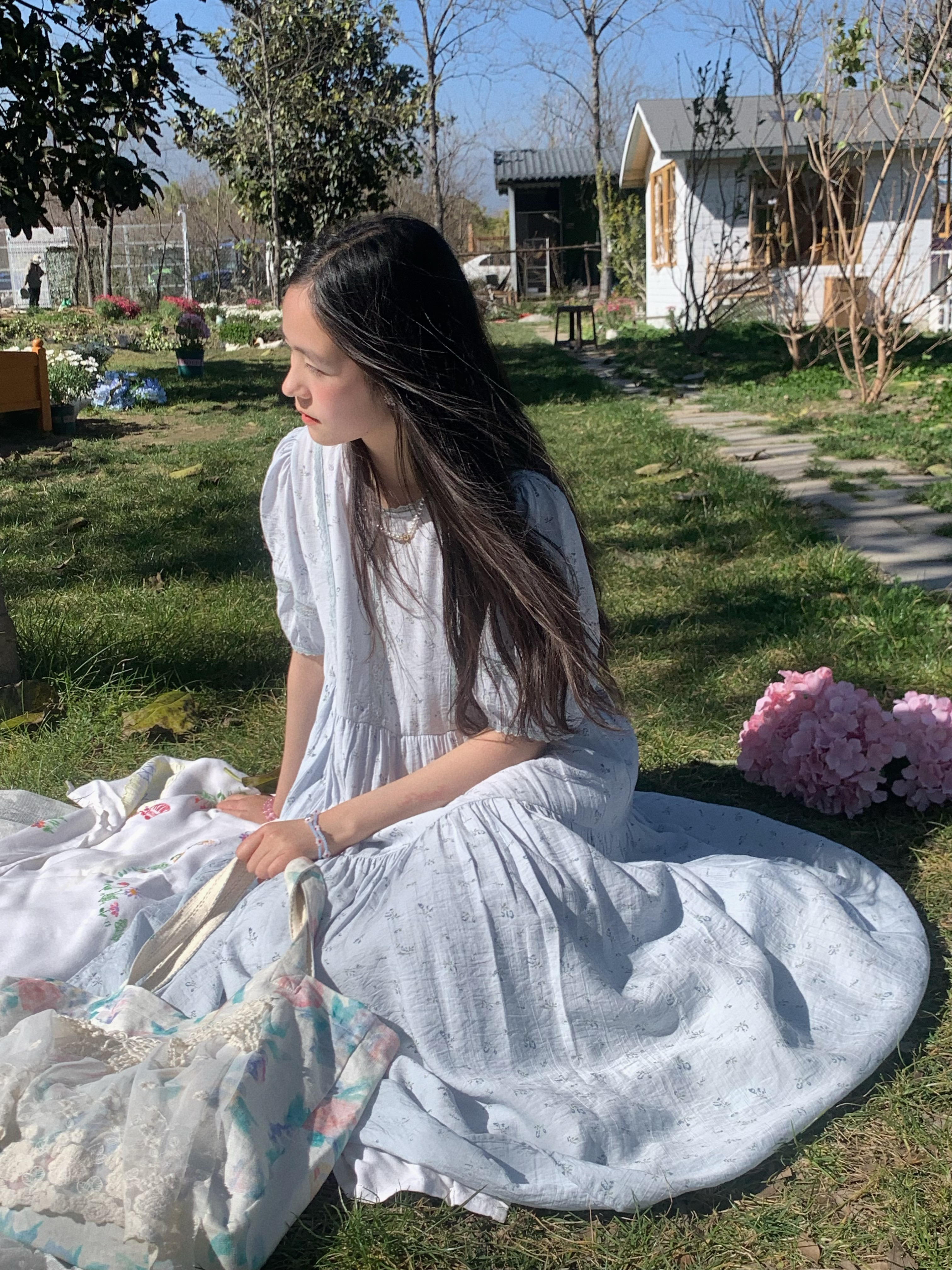 Cloudy Blue Sky Vintage Floral Cotton Blend Dress for Women - Summer Hollow Lace A-Line Long Skirt, Perfect for 90s and Y2K Style