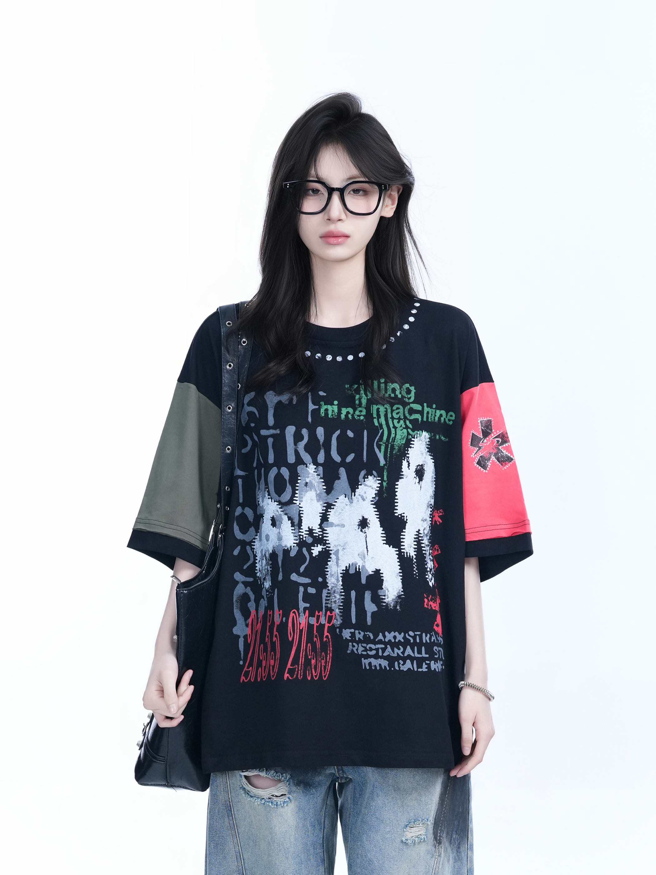 Color-Block Graffiti T-Shirt for Women - American Industrial Style, Loose Fit Short Sleeve, Trendy Streetwear Design