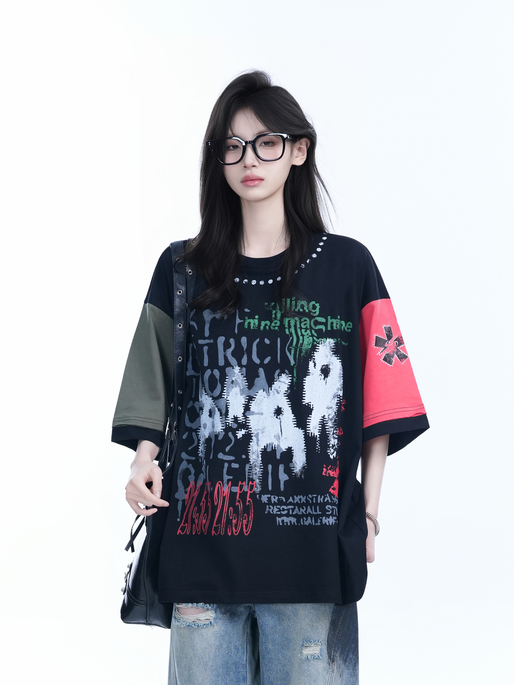 Color-Block Graffiti T-Shirt for Women - American Industrial Style, Loose Fit Short Sleeve, Trendy Streetwear Design