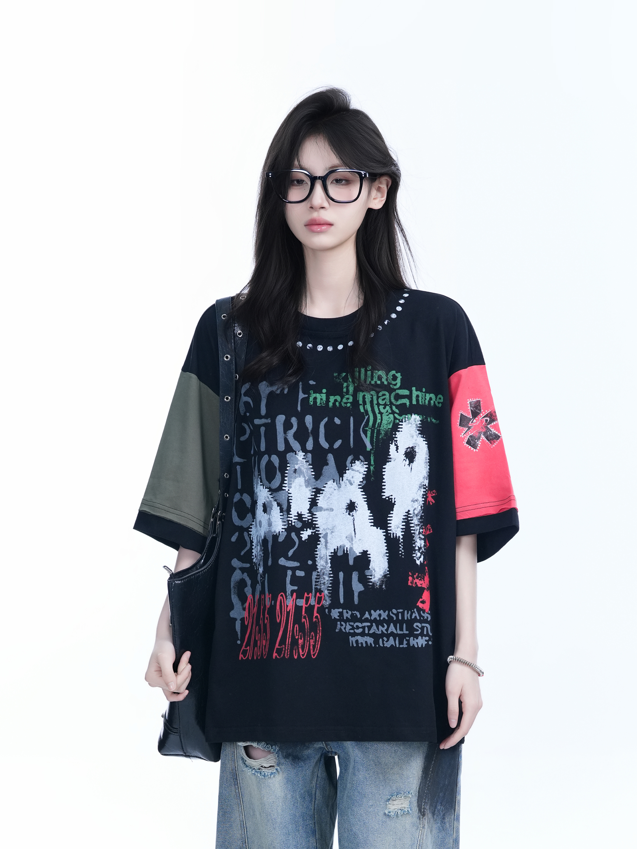Color-Block Graffiti T-Shirt for Women - American Industrial Style, Loose Fit Short Sleeve, Trendy Streetwear Design