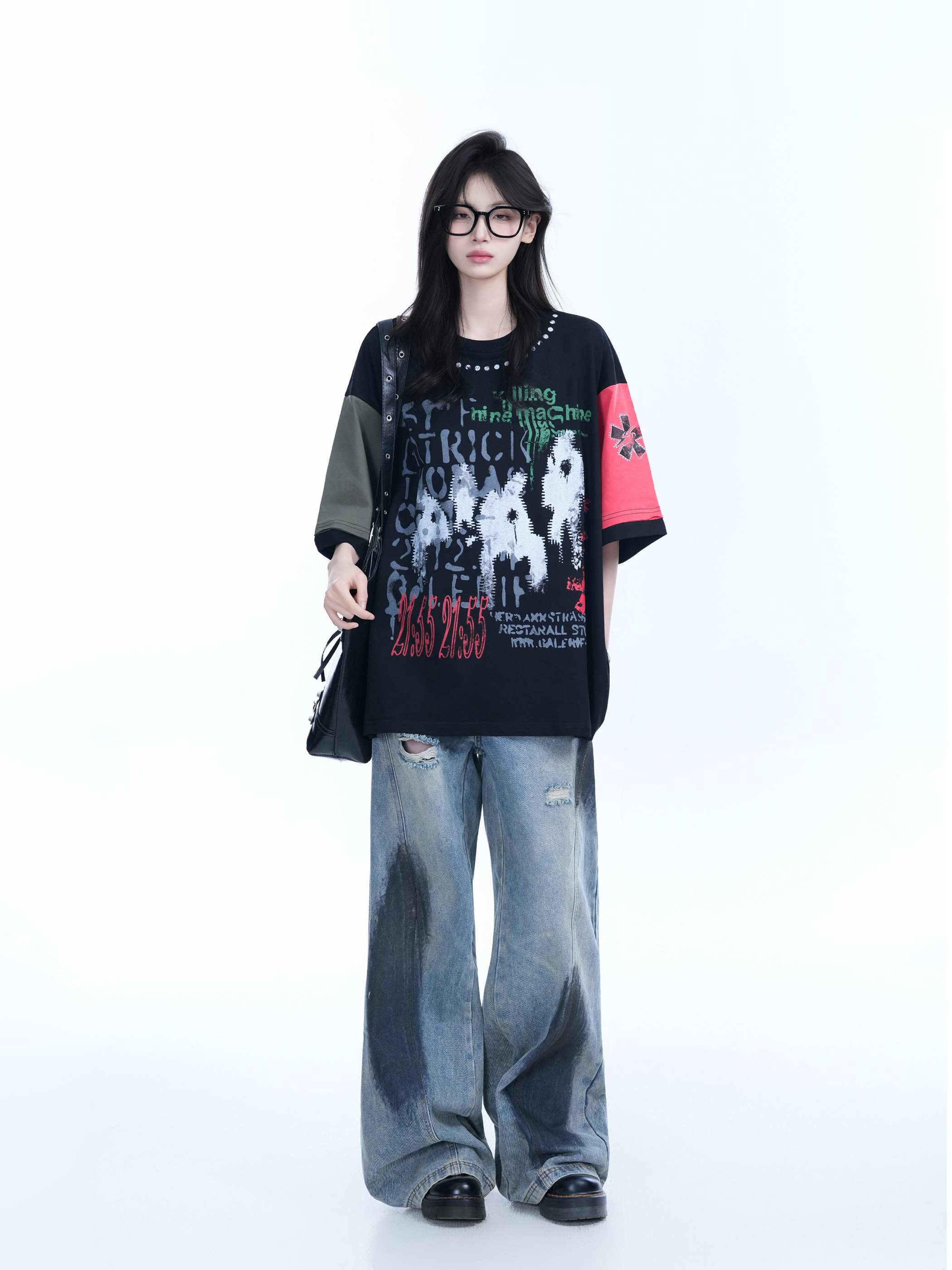 Color-Block Graffiti T-Shirt for Women - American Industrial Style, Loose Fit Short Sleeve, Trendy Streetwear Design
