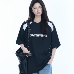 Color-Block Oversized Short Sleeve T-Shirt for Women - Casual Summer Style, American Trend, Loose Fit, Y2K Inspired