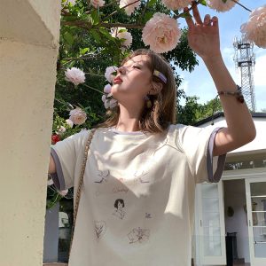 Color Block Printed Short Sleeve T-Shirt for Women - Vintage Wisteria Breeze, Loose Fit, Summer Cotton Top, Casual 90s Style