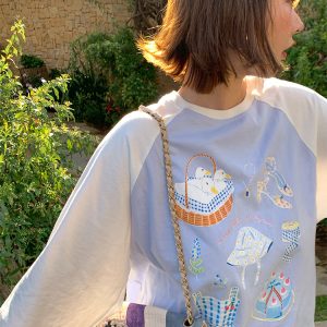 Color-Block Pure Cotton Long Sleeve T-Shirt for Women, Loose Fit Raglan Sleeve Round Neck Top - Vintage Spring Autumn Style