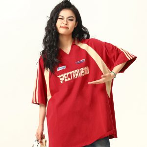 Color-Block Red Short Sleeve T-Shirt for Women - Vintage American Style Loose Polo Collar Top - Summer 90s Fashion Essential