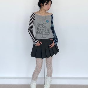 Color-Block Striped Long Sleeve Top with One-Word Collar - Lightweight Summer Fashion for Cool Girls