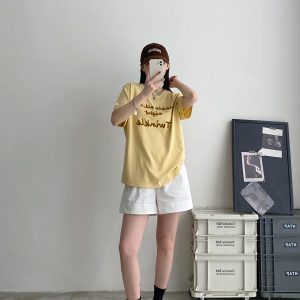 Color-Blocked Letter Embroidery Round Neck Short Sleeve T-Shirt for Women - Summer Loose Fit Slimming Korean Style Top