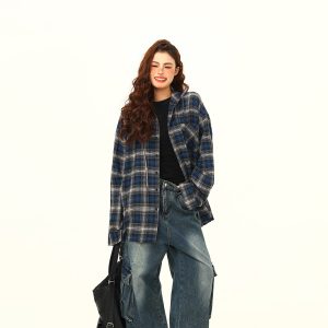 Color-Blocked Plaid Hooded Long Sleeve Shirt for Women - Retro 90s Street Style Loose Fit Trendy Top