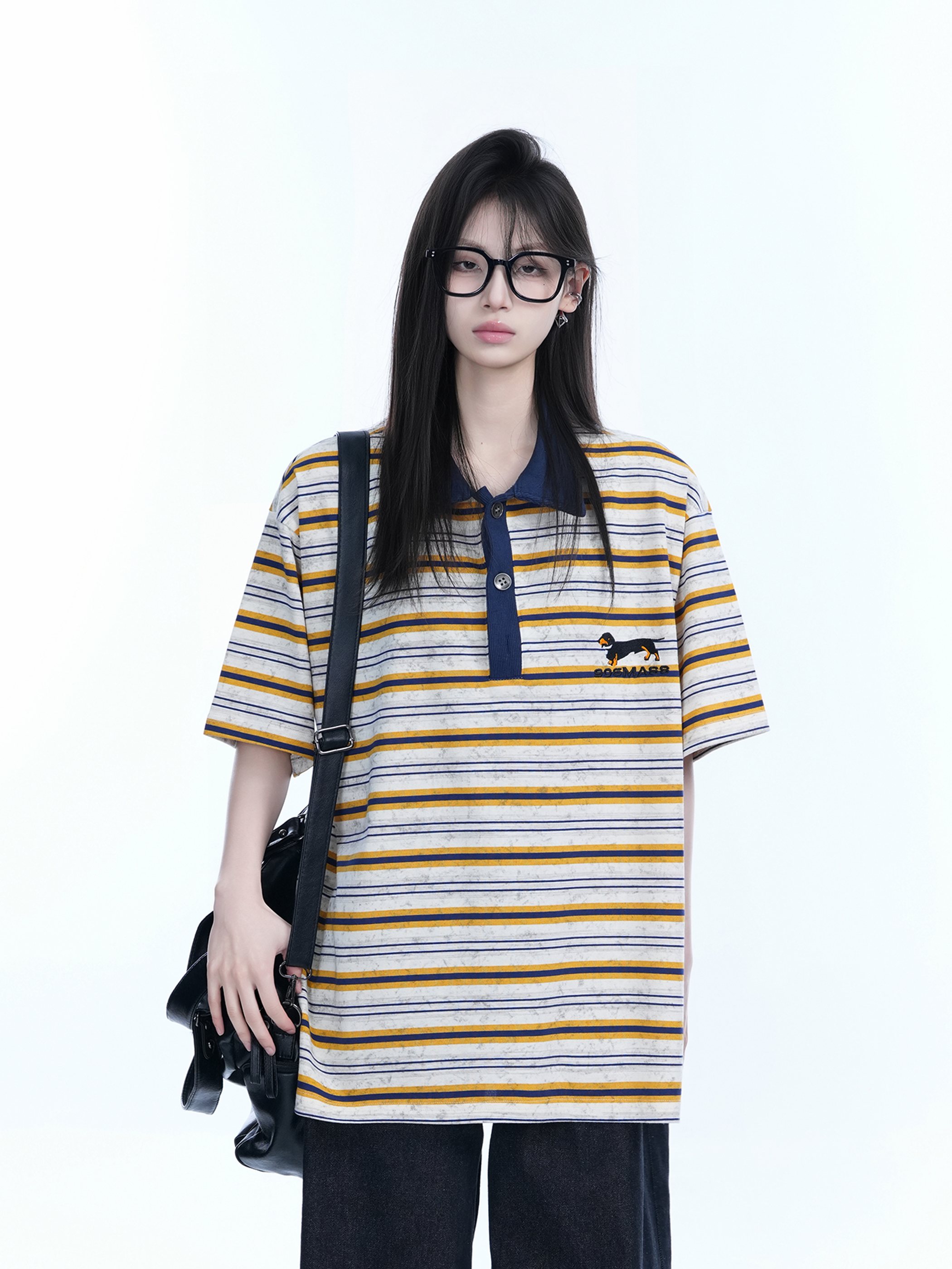 Color-Blocked Striped Polo Shirt for Women - Loose Fit Short Sleeve American College Style T-Shirt