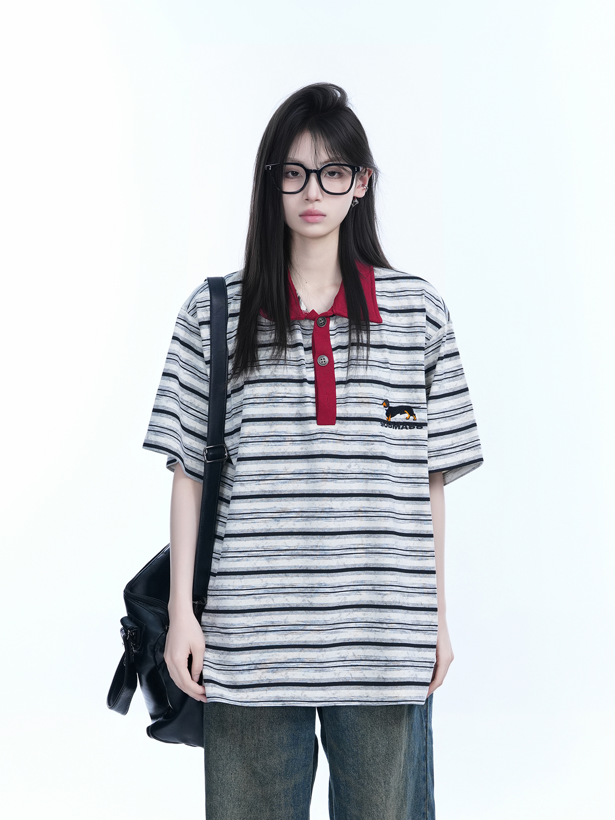 Color-Blocked Striped Polo Shirt for Women - Loose Fit Short Sleeve American College Style T-Shirt