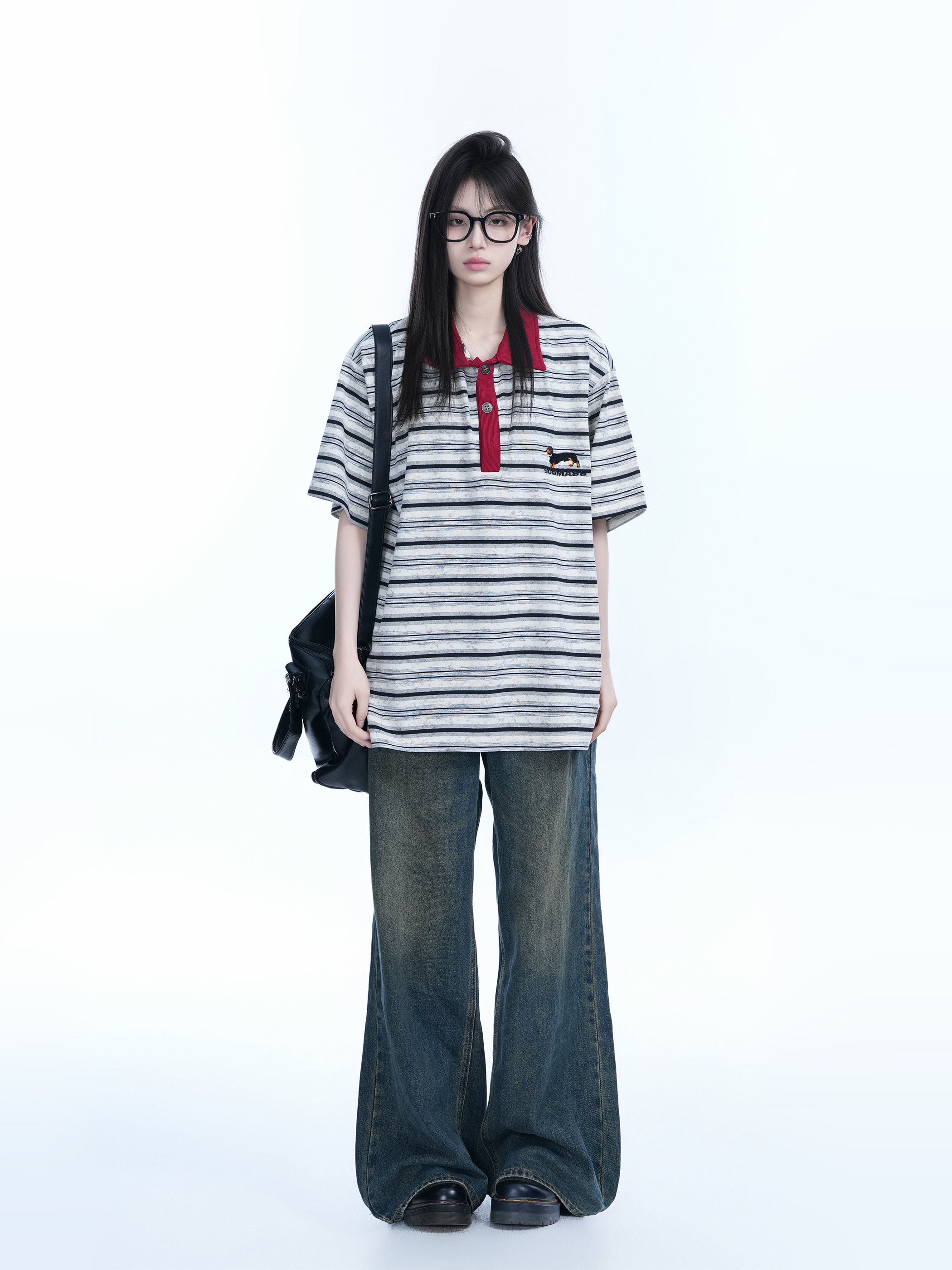 Color-Blocked Striped Polo Shirt for Women - Loose Fit Short Sleeve American College Style T-Shirt