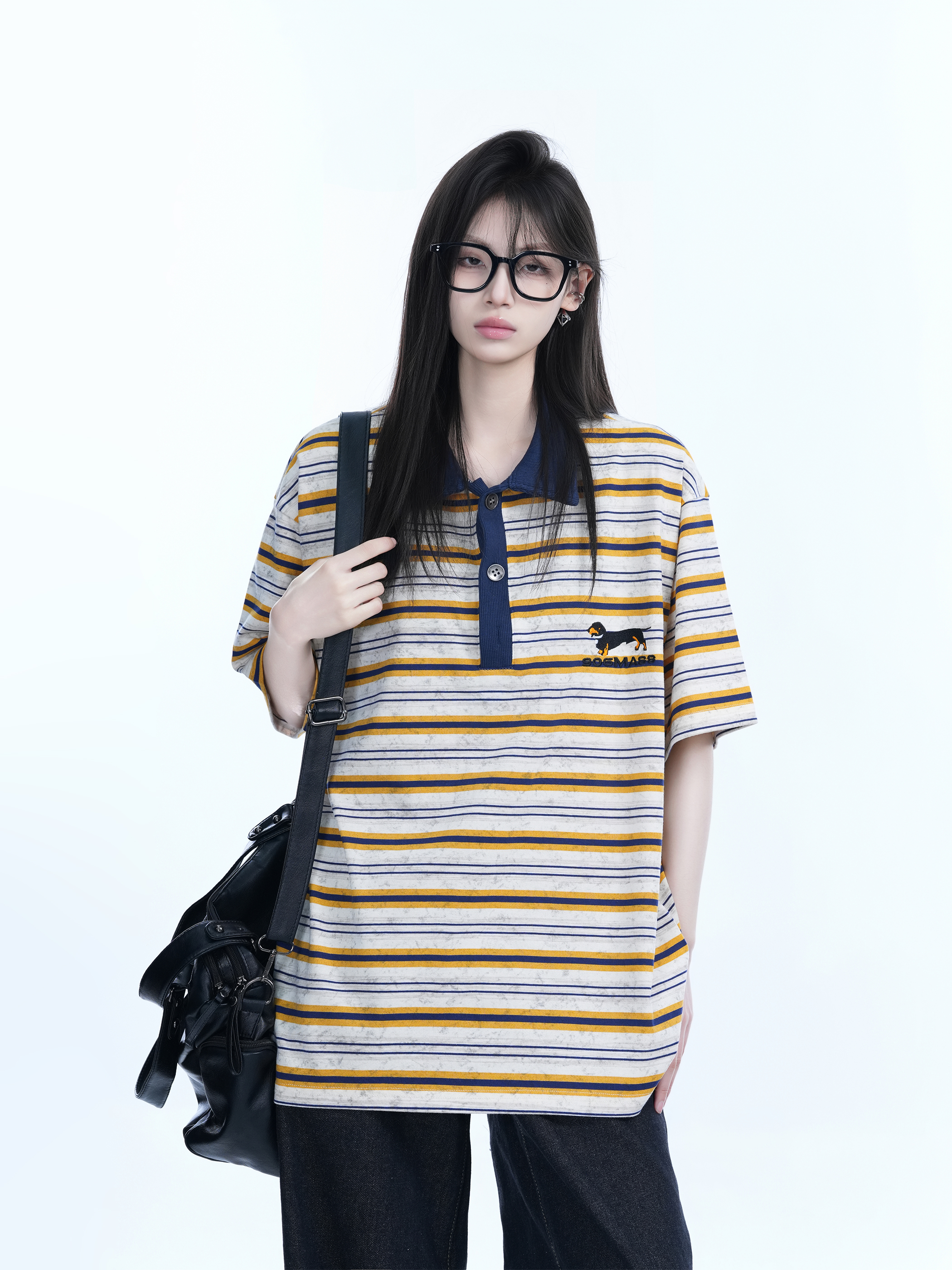 Color-Blocked Striped Polo Shirt for Women - Loose Fit Short Sleeve American College Style T-Shirt