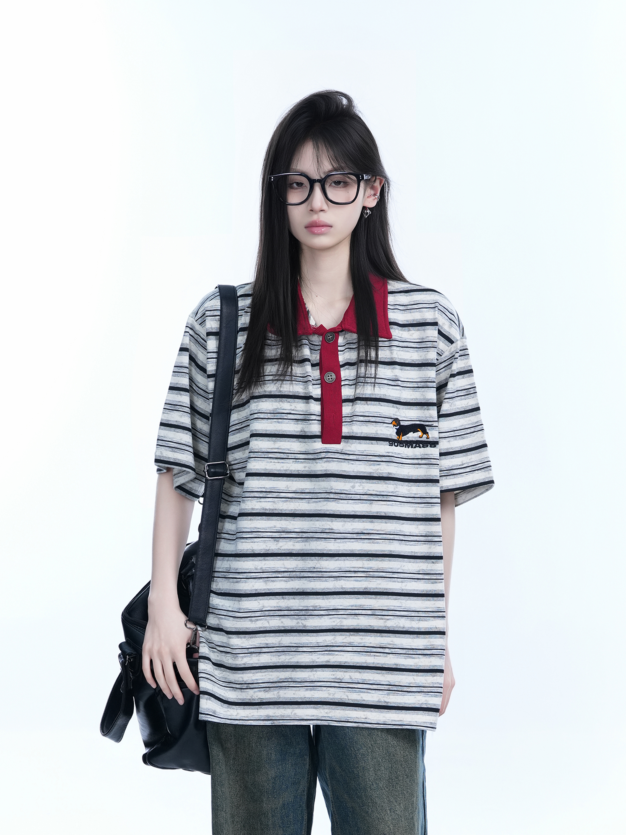 Color-Blocked Striped Polo Shirt for Women - Loose Fit Short Sleeve American College Style T-Shirt
