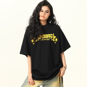 Color-Blocking American Street Star Print Short-Sleeve T-Shirt for Men and Women - Trendy Loose Fit Couple Top